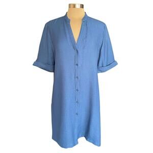 Chico's Deep Indigo Dobby Button Front Tunic Grograin Trim Size 12/14 Large